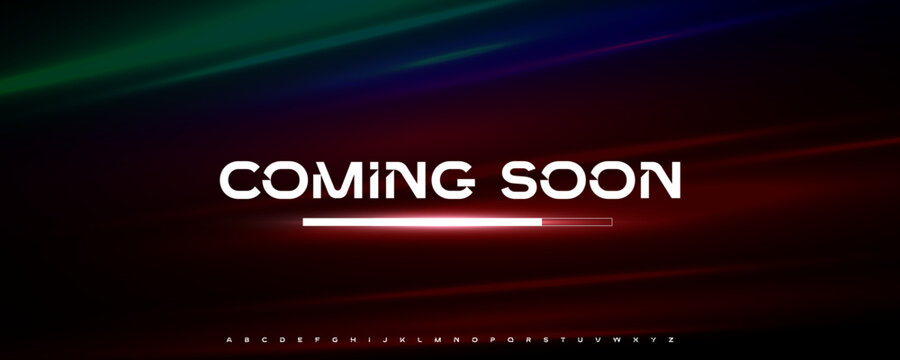 Coming soon interface with glowing progress bar. Futuristic digital typography for tech promo, website launch, app loading page, UI UX design. Bold urban font, techno alphabet. Vector illustration - Powered by Adobe