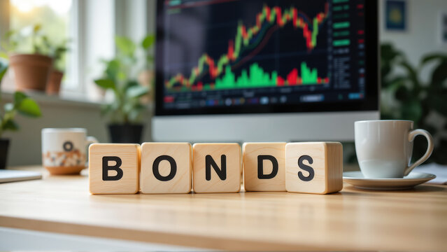 Bonds investing concept showing fixed income securities and financial strategies for stable long-term returns with copy space