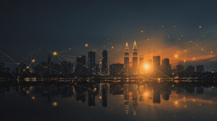 Fototapeta premium Smart city with connection network reciprocity over the cityscape social media networking systems that connects on the peak of success amid tall, innovative Smart city and graphs with statistics