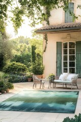 Cozy outdoor seating area with plants and a vibrant rug near a charming house in a serene landscape during sunny weather