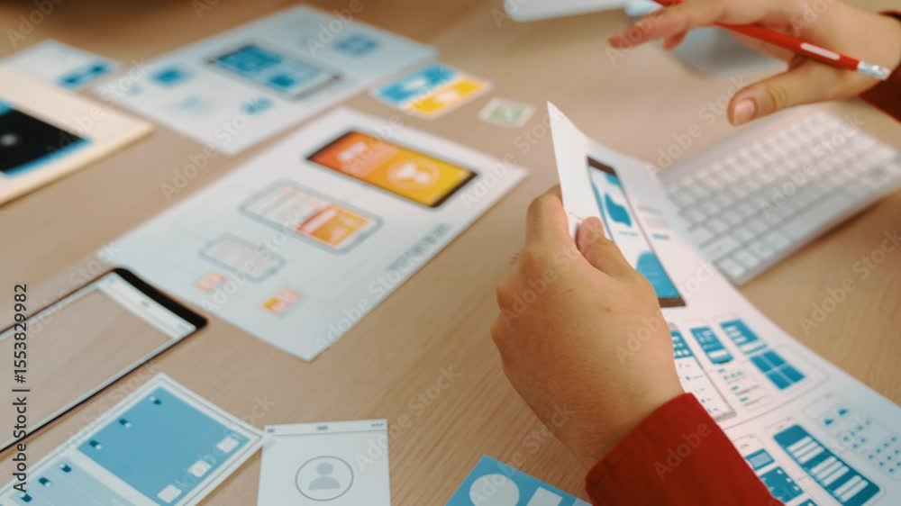 Poster excellent startup company employee presenting user interface prototype for mobile application to sma