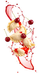 Varenyky or pierogi with cherry juice splashing on transparent background