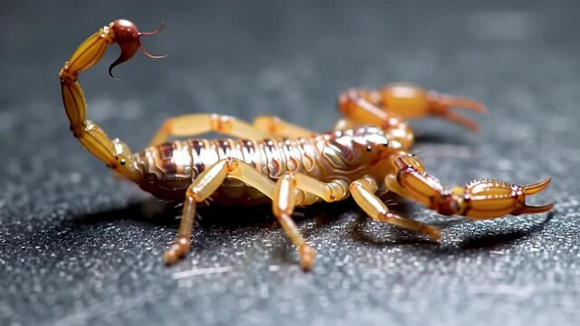 A yellowish brown scorpion with large pincers and an upward-curving tail, clearly visible in detail against a dark, opaque background. The lighting highlights the texture of its exoskeleton.