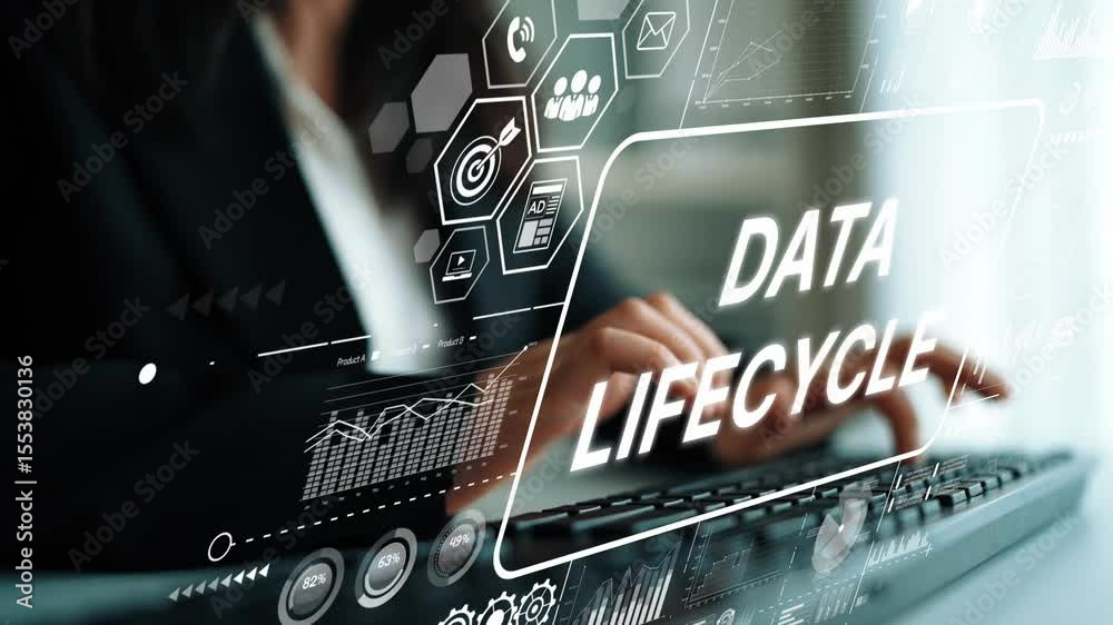 Poster professional analyzing data lifecycle trends with digital interface and financial graphs in modern o
