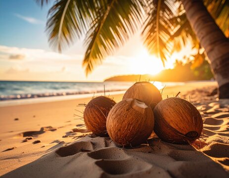 Tropical Beach Sunset with Coconuts and Palm Tree