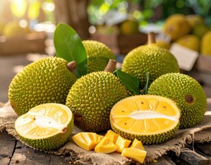 Fresh Ripe Jackfruits and Cut Pieces on Rustic Wooden Table
