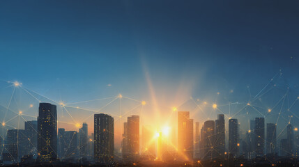 Smart city with connection network reciprocity over the cityscape social media networking systems that connects on the peak of success amid tall, innovative Smart city and graphs with statistics