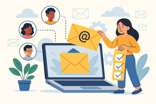 Email marketing campaign concept. Woman sending newsletters and building an effective mailing list for business communication. Lead generation and customer subscription vector illustration.