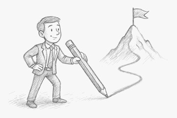 Businessman drawing a path to a mountain peak goal. Concept of creating your own way to success. Career ambition, business strategy, and achievement metaphor. Hand-drawn pencil sketch.