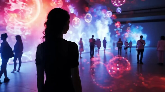 Silhouette of a girl visitor looking at a large immersive projection screen with colorful moving abstract shapes and lights with other blurred people silhouettes in the background