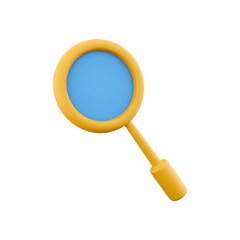 A simple magnifying glass illustration featuring a blue lens and a yellow handle, symbolizing search and discovery.