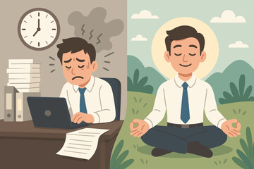 Work-life balance concept. Stressed business man working in office compared to calm mindful meditating man in nature. Mental health and stress relief.