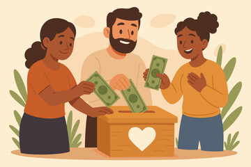 Diverse people donating money for a charity cause. Generous donors putting contributions in a donation box with a heart. Community support, fundraising concept. Vector illustration.