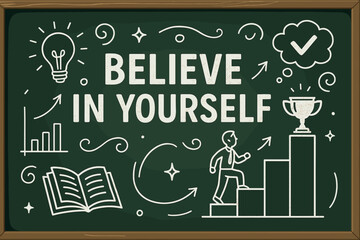 Believe in yourself motivational quote on a green chalkboard. Inspirational vector concept for success, personal development, career growth, goals, and self-confidence. Chalk drawing.
