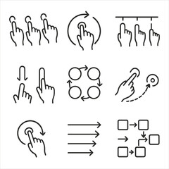 Gesture Animation Icons. Outline style icons of Gesture Animation Frames: step-by-step finger motion, circle path gesture,