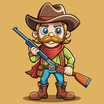 Vibrant cartoon cowboy character illustration holding a rifle, ready for Western adventures. A friendly frontiersman with a classic hat and distinct mustache