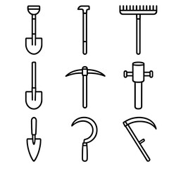 Manual Farm Tools Icons. Outline style icons of Manual Farm Tools: shovel, hoe, rake, spade, pickaxe, post driver, trowel, hand