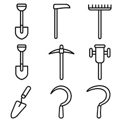 Manual Farm Tools Icons. Outline style icons of Manual Farm Tools: shovel, hoe, rake, spade, pickaxe, post driver, trowel, hand