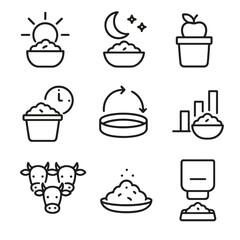 Feeding Schedule Icons. Outline style icons of Feeding Schedule Icons: morning feed symbol, evening meal icon, snack icon,