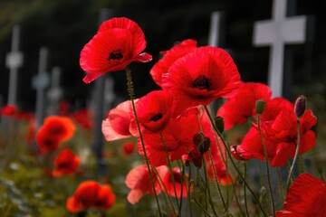 Poppies Among White Crosses in Cemetery