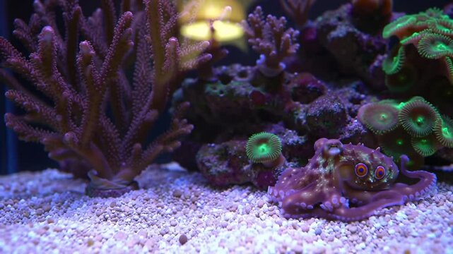A small brownish purple octopus with large orange and blue eyes, sits on the bottom of a white sand aquarium. In the background are prominent purple and green coral formations.