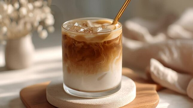 Iced latte with golden straw, on wooden board. Refreshing morning beverage for a relaxed, bright day.