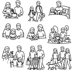 Family Daily Life Icons. Outline style icons of Family in Daily Life: family cooking, walking to school, bedtime story, family