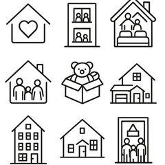 Family Housing Icons. Outline style icons of Family Housing: home icon with heart, family in apartment, shared room, cozy family