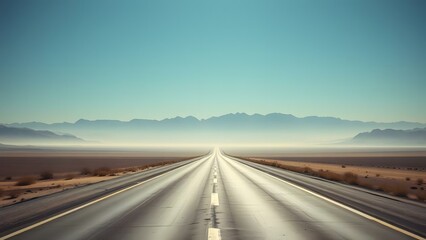 A long empty highway stretches towards distant mountains under a clear blue sky, evoking a sense of adventure.