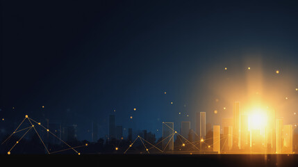 Smart city with connection network reciprocity over the cityscape social media networking systems that connects on the peak of success amid tall, innovative Smart city and graphs with statistics to a