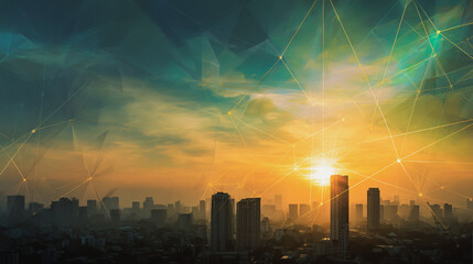 Smart city with connection network reciprocity over the cityscape social media networking systems that connects on the peak of success amid tall, innovative Smart city and graphs with statistics to a