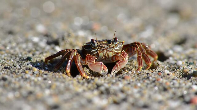 Close-Up Shot of a Colorful Crab Crawling on Sandy Beach at Daylight in Coastal Environment