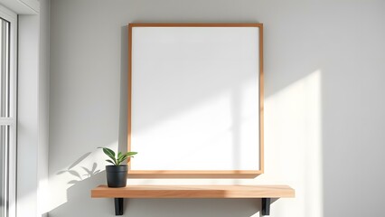 Bright and minimalist interior featuring a blank frame and a small plant, perfect for modern decor inspiration.
