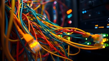 Brightly colored cables intertwined in a network setup, representing modern technology and connectivity.