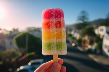 Hand holding colorful layered popsicle outdoors