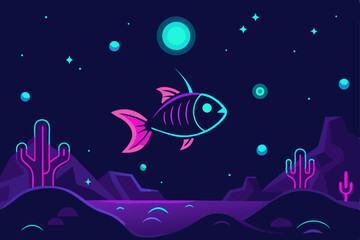Cosmic Desert Fish Neon Dreamscape Illustration