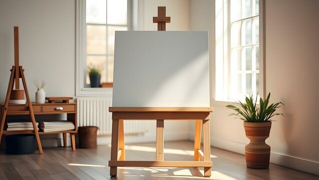 A bright and inviting art studio featuring a blank canvas on an easel, perfect for inspiration and creativity. - Powered by Adobe