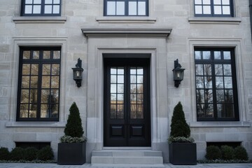 Obraz premium Elegant entrance of a modern residential building with large windows, black front door, and manicured greenery in a tranquil neighborhood setting