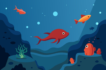 Naklejka premium Cute cartoon marine animals including fish, shark, and octopus in a seamless underwater ocean pattern illustration