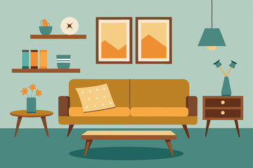 Vector illustration of a comfortable living room interior with sofa, chair, table, and home decor