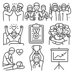Fototapeta premium Medical Team Success Icons. Outline style icons of Medical Team Success: surgeons cheering, health team thumbs up, vaccine team