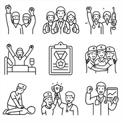 Naklejka premium Medical Team Success Icons. Outline style icons of Medical Team Success: surgeons cheering, health team thumbs up, vaccine team