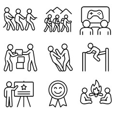 Team Building Icons. Outline style icons of Team Building Activities: team rope pull, group hike, game session, building block