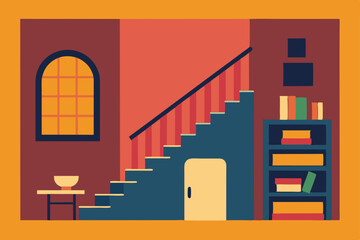 Architectural interior of an empty building entrance with a grand staircase and large windows, suitable for a home, hotel, or office design