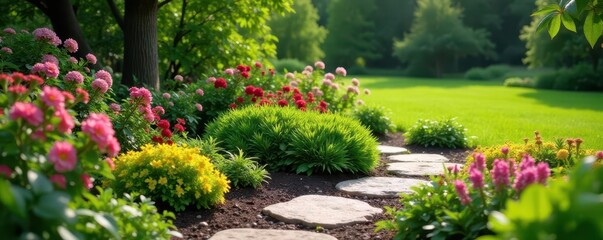 Small stone bush garden with vibrant colorful flowers and natural surroundings, nature, garden