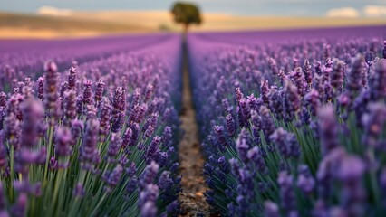Obraz premium Experience a stunning lavender field in full bloom, showcasing vibrant colors and serene natural beauty.