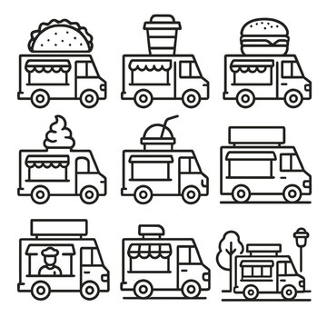 Food Truck Icons. Outline style icons of Food Trucks: taco truck, coffee truck, burger van, dessert food truck, smoothie truck,