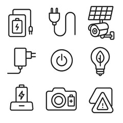 Camera Power Sources. Outline style icons of Camera Power Sources: battery pack, power cable plug, solar panel cam, AC adapter,
