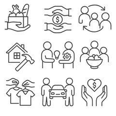 Mutual Aid Icons. Outline style icons of Mutual Aid: sharing groceries, lending money icon, childcare swap symbol, home repair