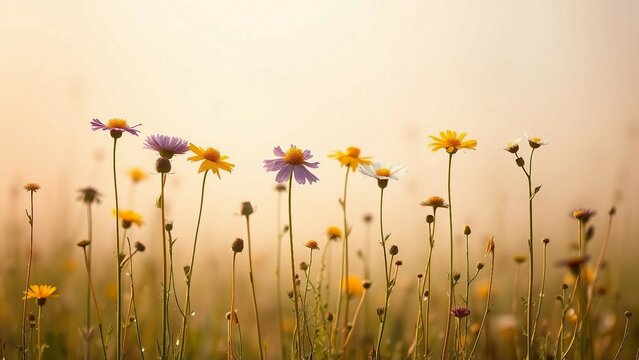 Wilde Blumenwiese im goldenen Morgenlicht &ndash; zarte Naturaufnahme mit romantischer Atmosph&auml;re und weichem Bokeh-Hintergrund.